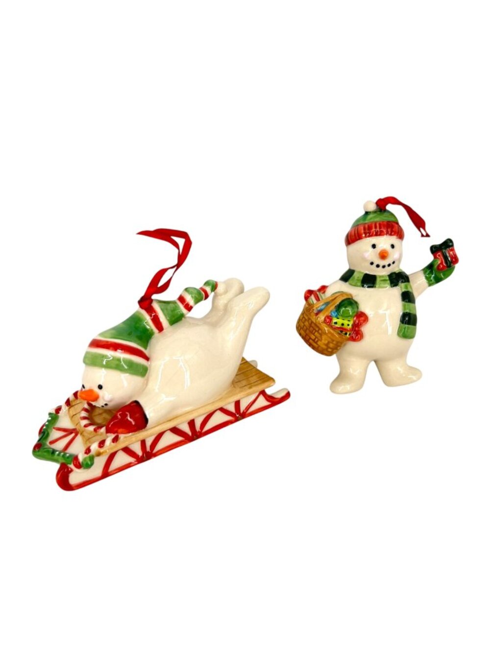 Longaberger Bluster Snowmen 2004 Sled Gift Basker Christmas Ornaments Set Of 2